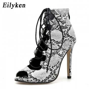 Eilyken Women Zipper Sandals Snake Print Ankle Boots Super High Fashion Peep Toe Ladies Sexy shoes 2021 New Boots Sandals